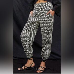 Anthropologie Jogger Pants Women’s Size 8 Linen Bohemian Graphic Black Cream X3